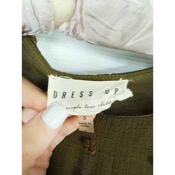 Dress Up Long Sleeve Jacquard Blouson Dress Green Dotted Flowy Boho Career Chic - Picture 4 of 7